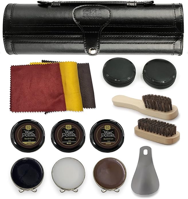 Stone & Clark 12PC Shoe Polish & Care Kit Leather Shoe Shine Set with Brown Wax, Brushes, Shine Cloth and Shoe Horn, Compact Shoe Cleaning Kit