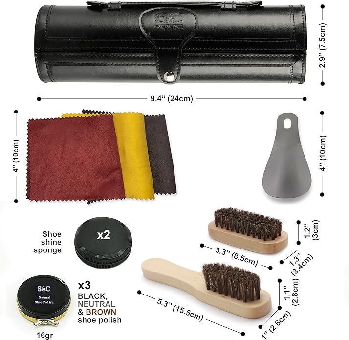 Stone & Clark 12PC Shoe Polish & Care Kit Leather Shoe Shine Set with Brown Wax, Brushes, Shine Cloth and Shoe Horn, Compact Shoe Cleaning Kit