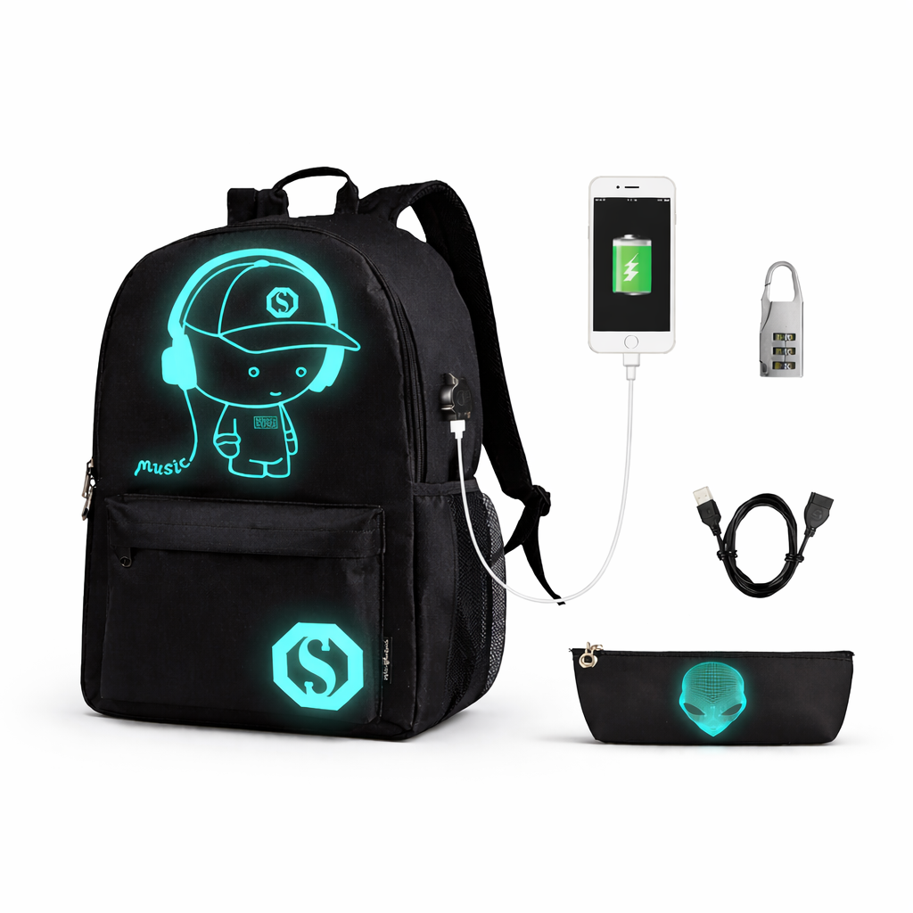 FLYMEI Anime Luminous Backpack for Teen Boys – USB Charging Port, 17 Inch Laptop School Bag