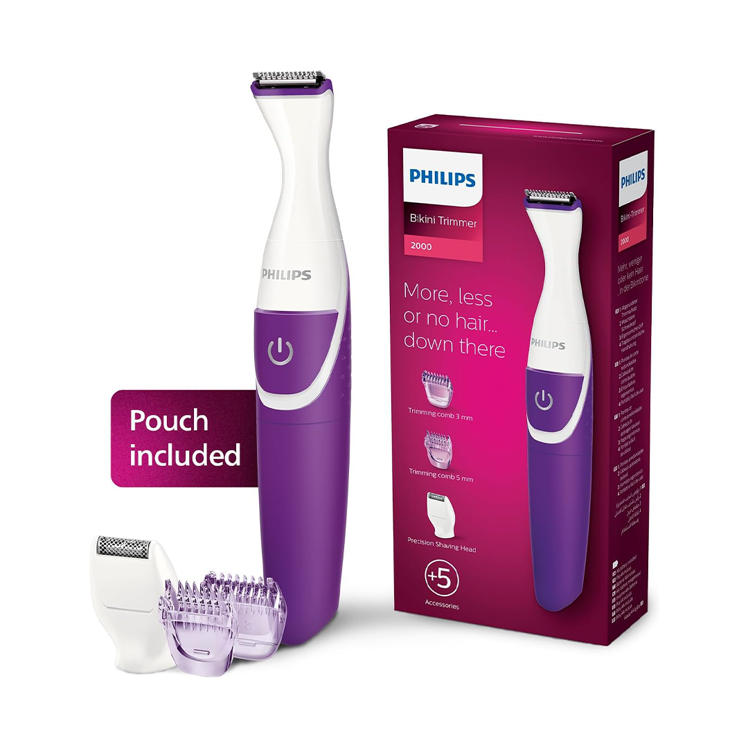 PHILIPS Essential Bikini Trimmer Trim, Shave & Style, Portable Battery-Operated Grooming Device with Mini Shaving Head, White/Purple (BRT383/15)