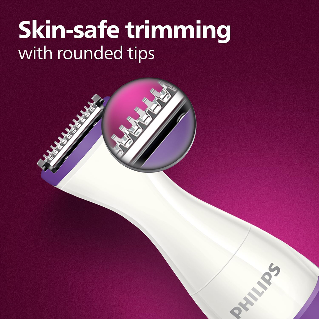 PHILIPS Essential Bikini Trimmer Trim, Shave & Style, Portable Battery-Operated Grooming Device with Mini Shaving Head, White/Purple (BRT383/15)