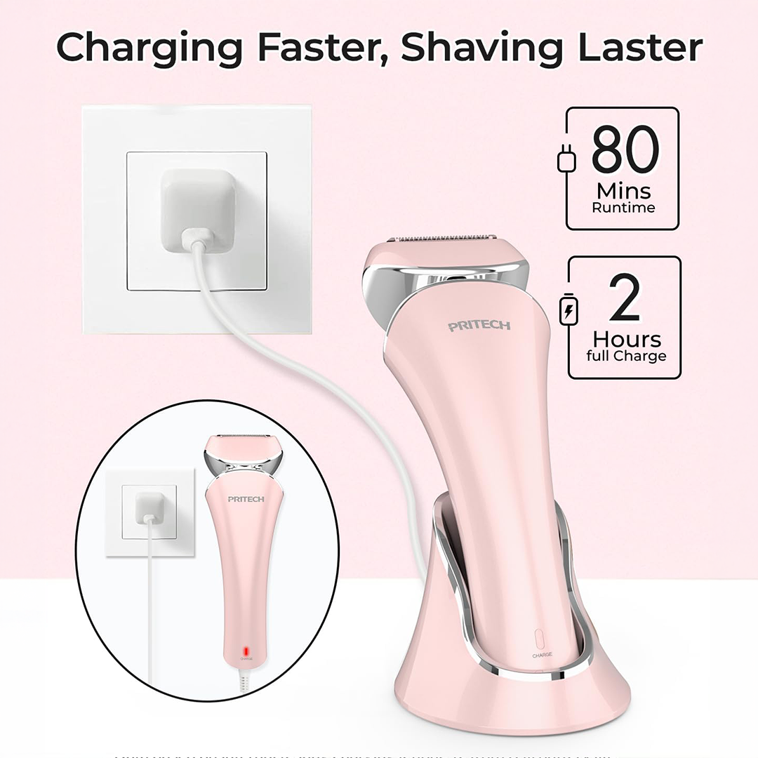 PRITECH Electric Shaver for Women USB Rechargeable Cordless Wet & Dry Lady Razor for Legs, Arms, Underarms, and Bikini Area