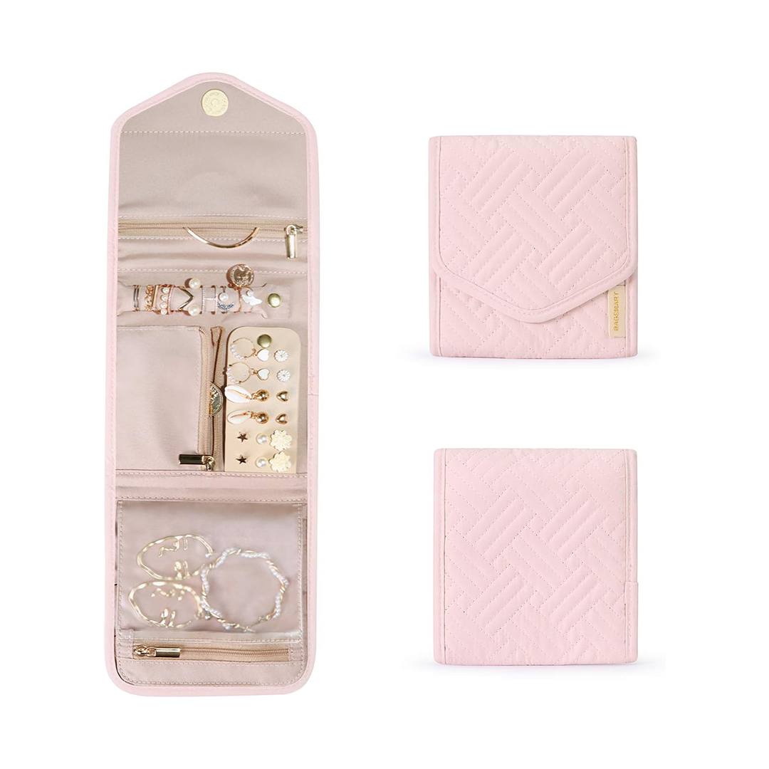 BAGSMART Travel Jewelry Organizer Case - 15cm Foldable Mini Jewelry Roll Bag in Light Pink