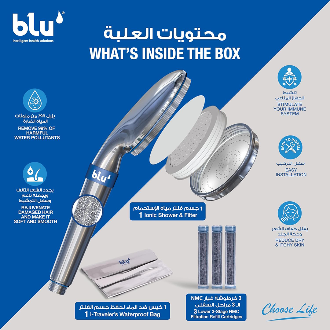 blu Ionic Handheld Shower Head with Filter Chlorine Removal Shower Filter for Hair & Skin Care | Anti-Hair Loss, Moisturizing Chrome Shower Head