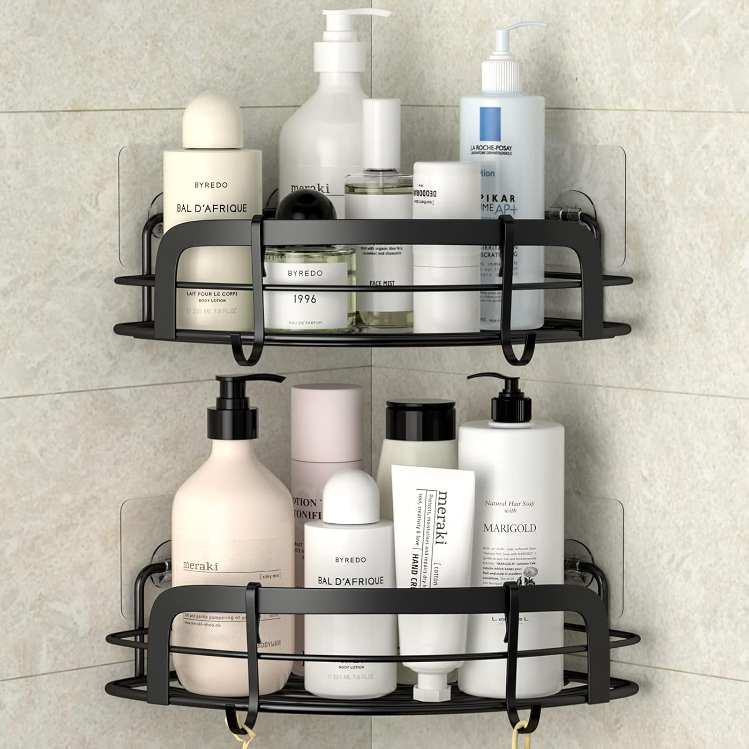 STEUGO Corner Shower Caddy Set Adhesive Wall Mounted Bathroom Shelves, US304 Stainless Steel, Drill-Free with 4 Hooks, 2-Pack Corner Storage Organizer