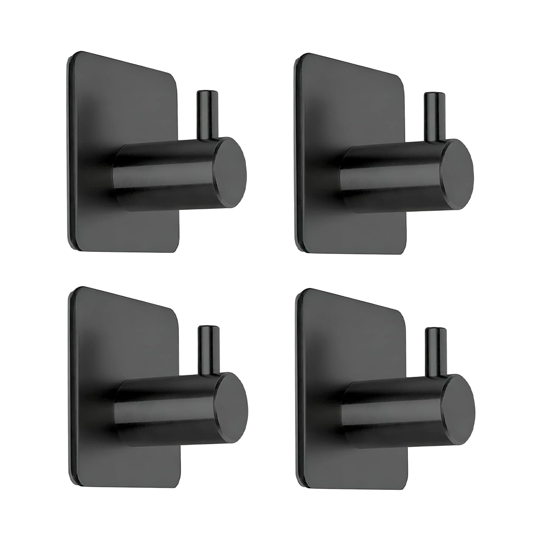 Black Adhesive Towel Hooks Heavy Duty Stick-On Wall Hooks for Bathroom, Kitchen, and Doors, 4-Pack