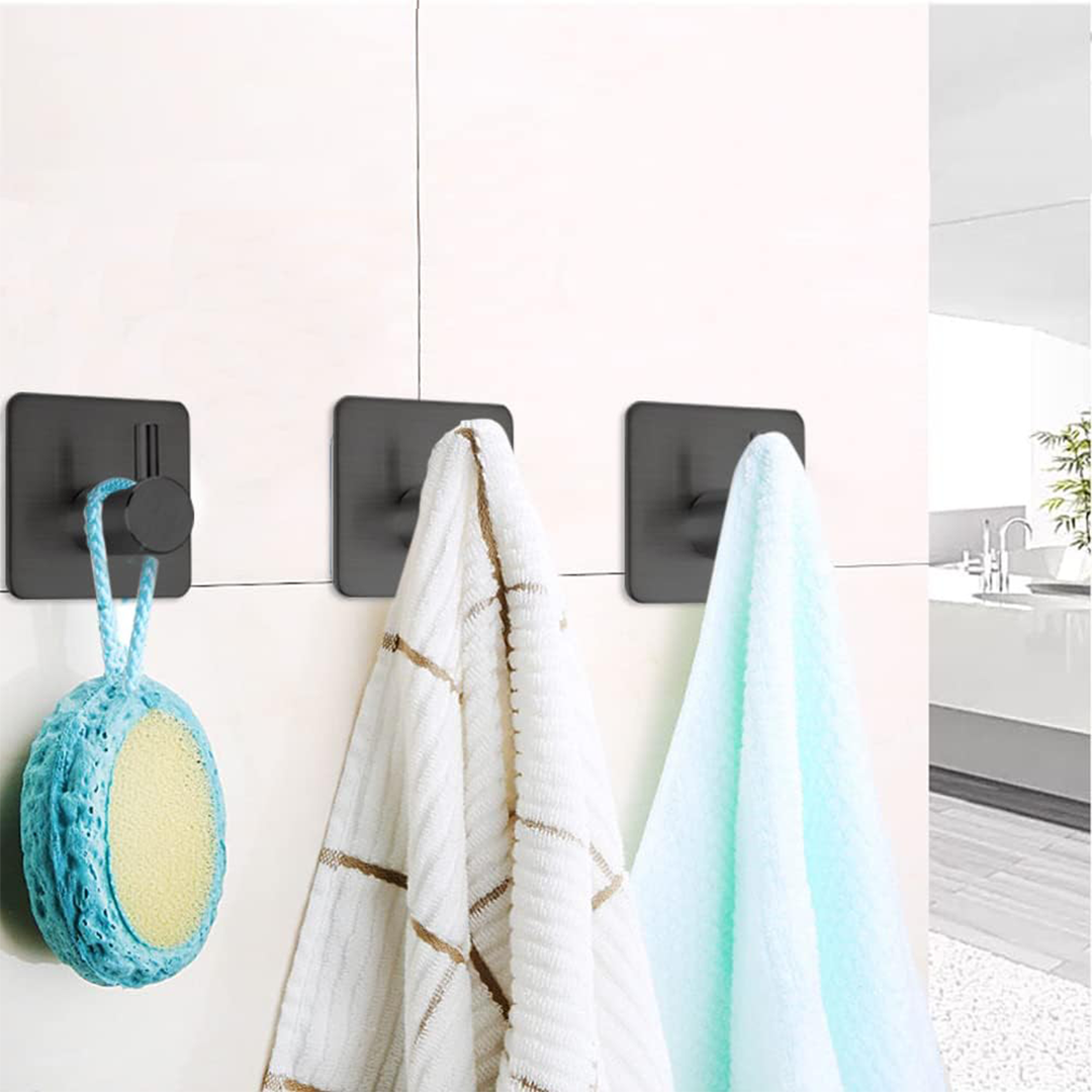 Black Adhesive Towel Hooks Heavy Duty Stick-On Wall Hooks for Bathroom, Kitchen, and Doors, 4-Pack