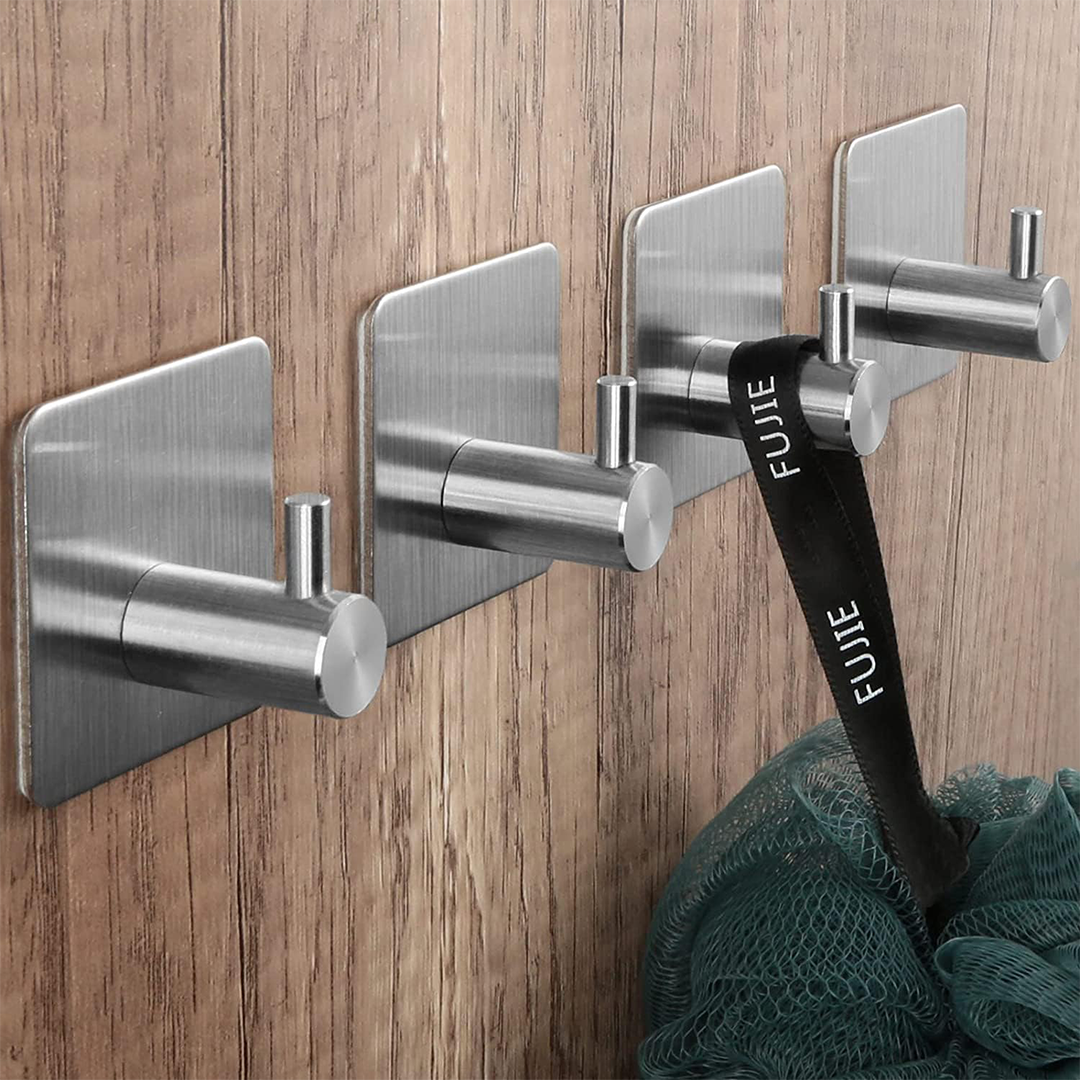 White Adhesive Towel Hooks Heavy Duty Stick-On Wall Hooks for Bathroom, Kitchen, and Doors, 4-Pack