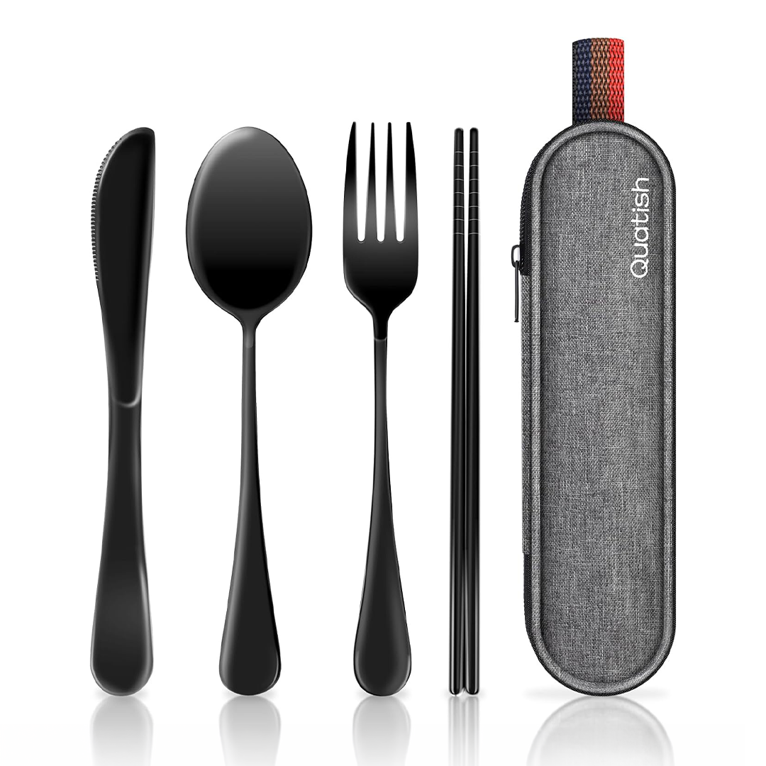 Quatish Travel Utensils with Case Stainless Steel Portable Silverware Set (Fork & Spoon) for Camping, Picnic & Lunch Box Use