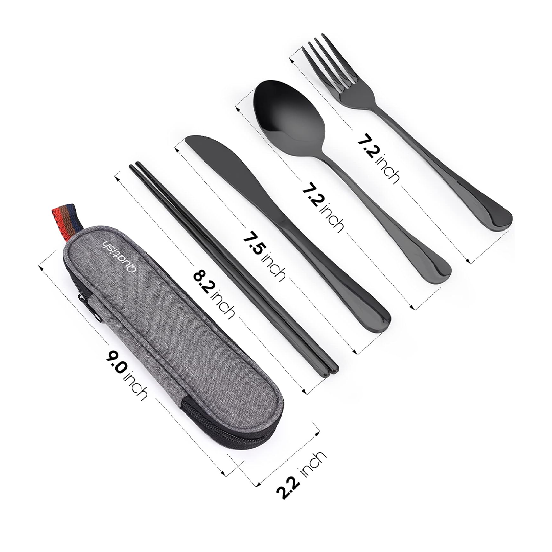 Quatish Travel Utensils with Case Stainless Steel Portable Silverware Set (Fork & Spoon) for Camping, Picnic & Lunch Box Use