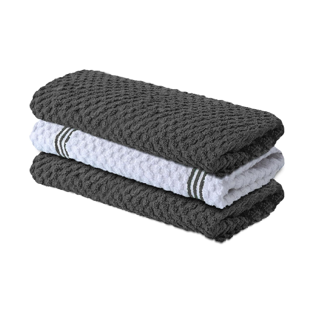 Premium Cotton Kitchen Towels Pack of 3 100% Cotton 425 GSM Highly Absorbent Dish Towels 40x70cm | Terry Tea Towels for Kitchen Cleaning (Grey)