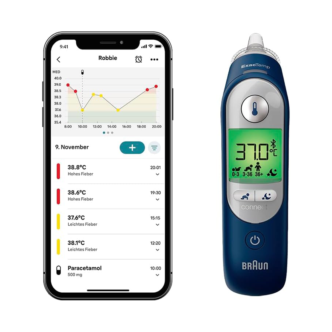 Braun ThermoScan 7+ Connect Digital Ear Thermometer - Family App Compatible, Age Precision Technology, Color-Coded Display, Pediatrician Recommended