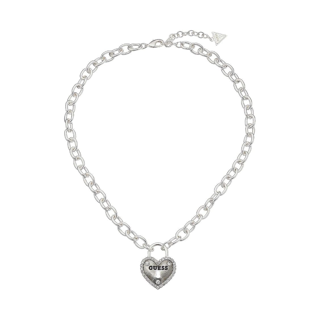 قلادة "بيزك" بشعار قلب بإطار فضي من GUESS، مقاس 18 بوصة + وصلة إطالة 2 بوصة، حجم واحد، معدن