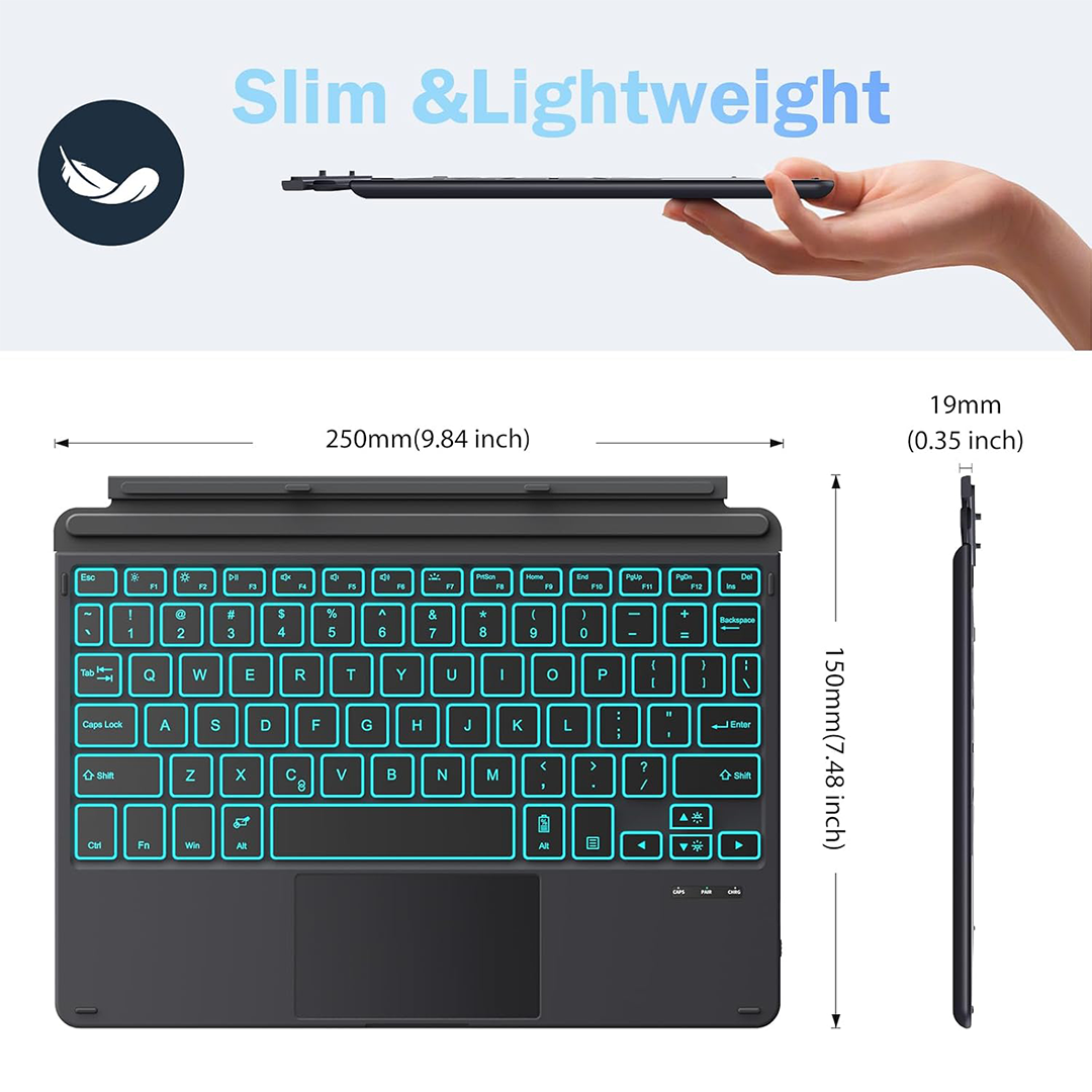 MoKo Slim Wireless Bluetooth Keyboard with Trackpad - 7-Color LED Backlit, Rechargeable for Surface Go 2, Black