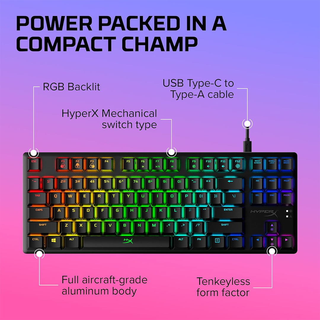 لوحة مفاتيح الألعاب الميكانيكية HyperX Alloy Origins Core RGB بدون لوحة أرقام مع مفاتيح Aqua وتصميم US QWERTY