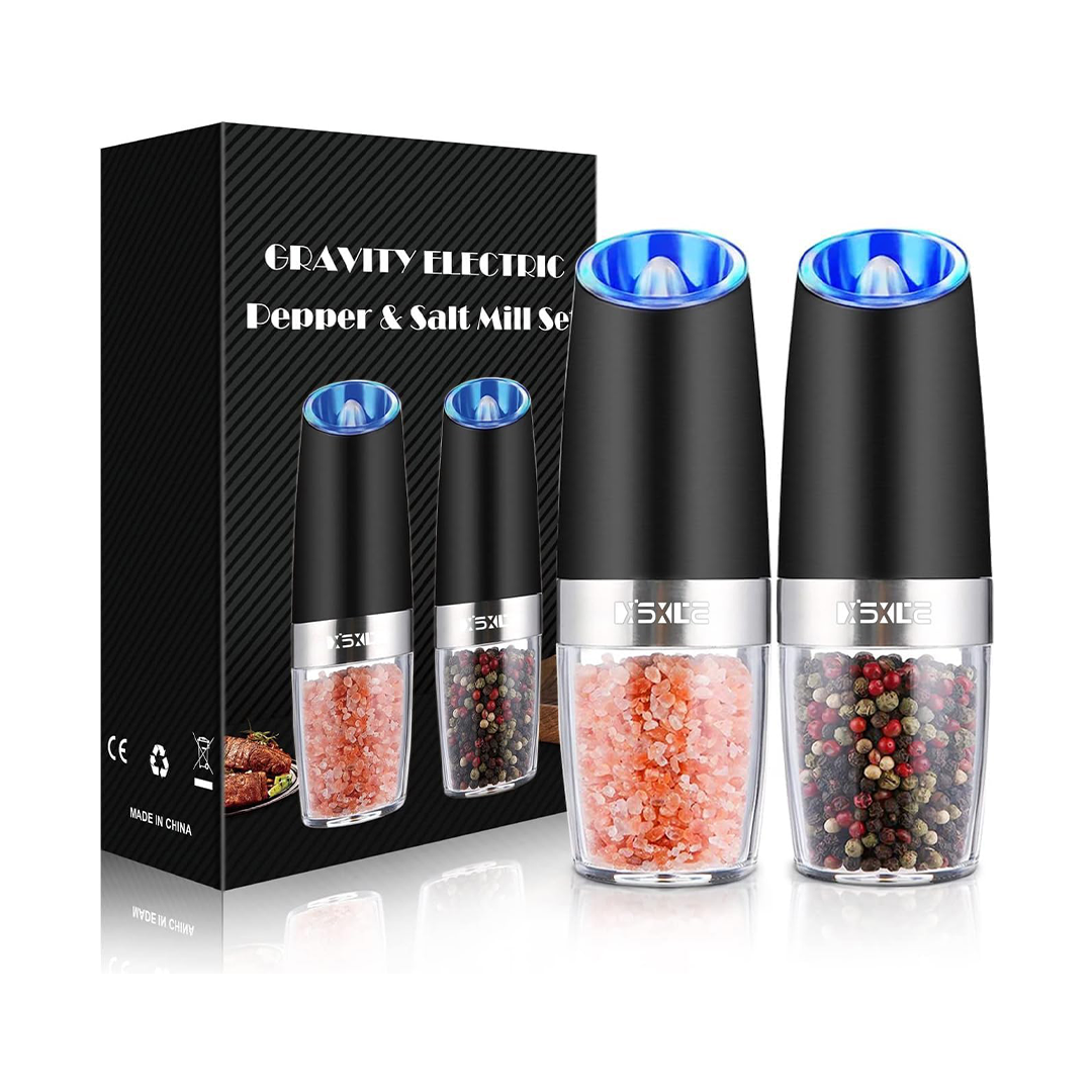 Gravity Electric Salt & Pepper Grinder Set - 2 Pack, One-Hand Operation, Adjustable, LED Light, Black Stainless Steel