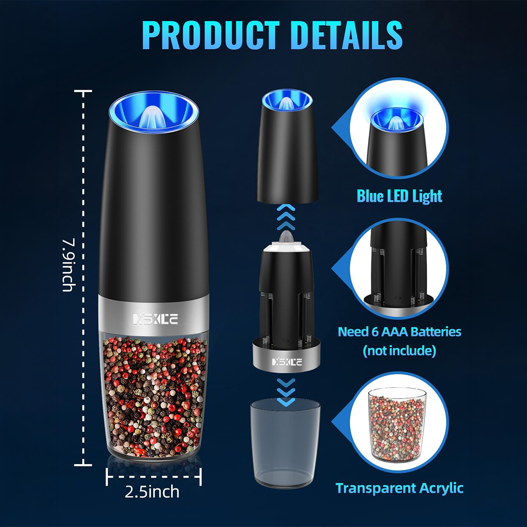 Gravity Electric Salt & Pepper Grinder Set - 2 Pack, One-Hand Operation, Adjustable, LED Light, Black Stainless Steel