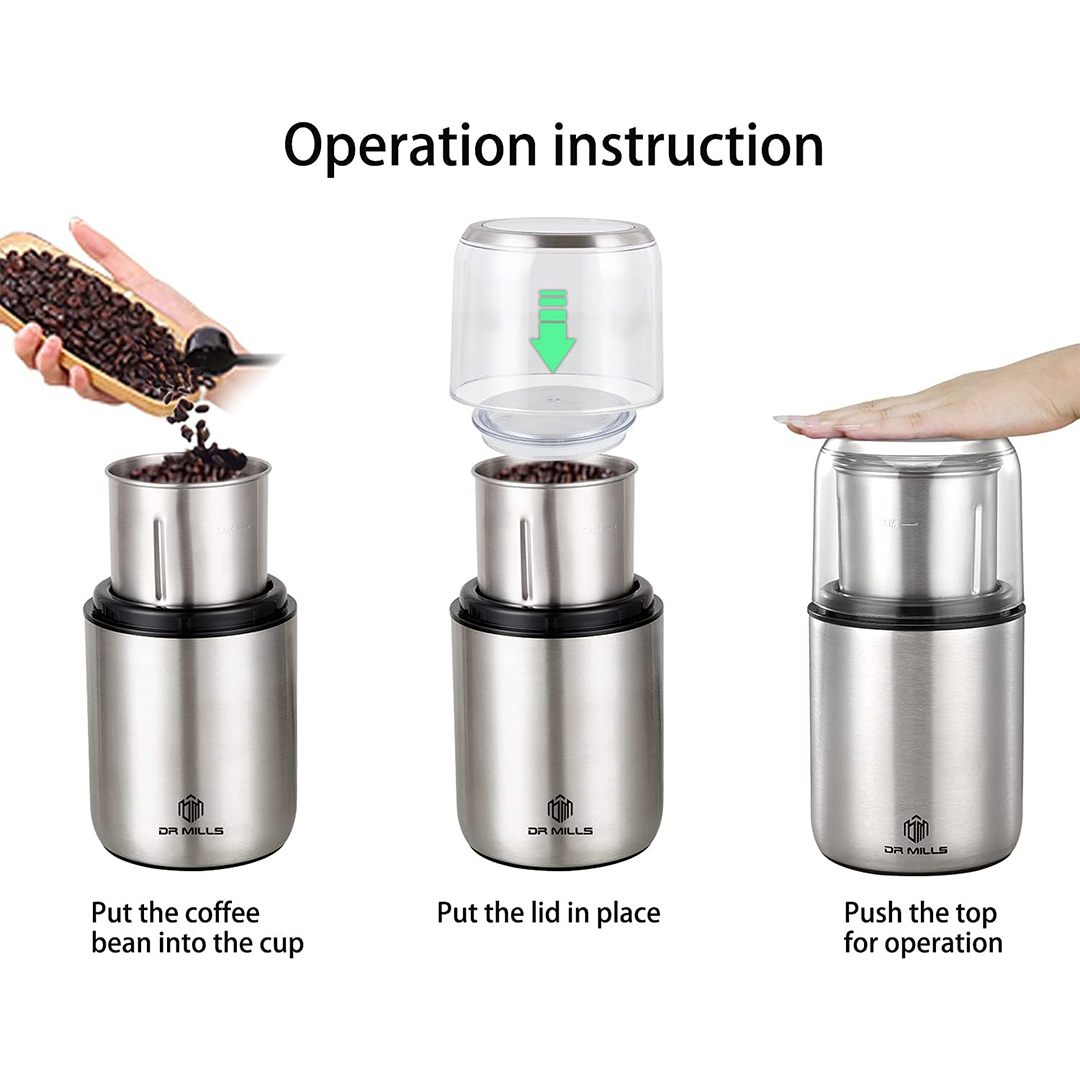 مطحنة ومفرمة كهربائية DR MILLS DM-7452، شفرة من الفولاذ المقاوم للصدأ SUS304 وكوب قابل للفصل، مطحنة توابل وبن آمنة للغسل في غسالة الأطباق