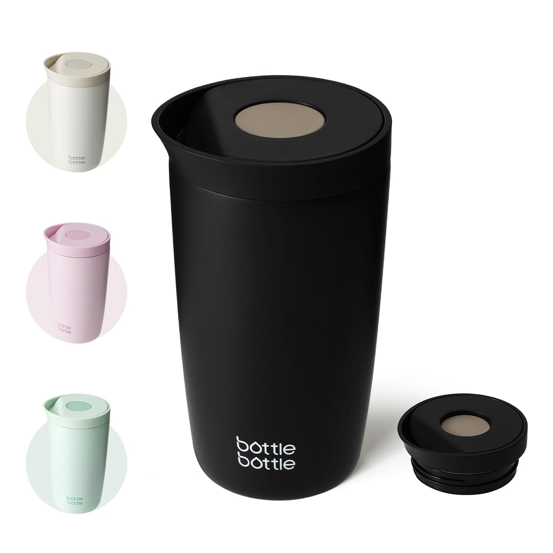 BottleBottle Insulated Travel Mug 350ml Stainless Steel Coffee Cup with Push Button Lid Black (Hot & Cold 12 Hours)