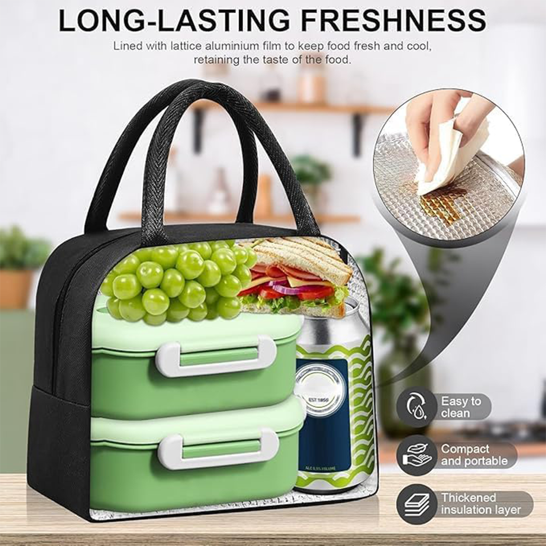 Plain Black Reusable Insulated Waterproof Lunch Bag Thermal Lunch Bag for School, Work & Picnics