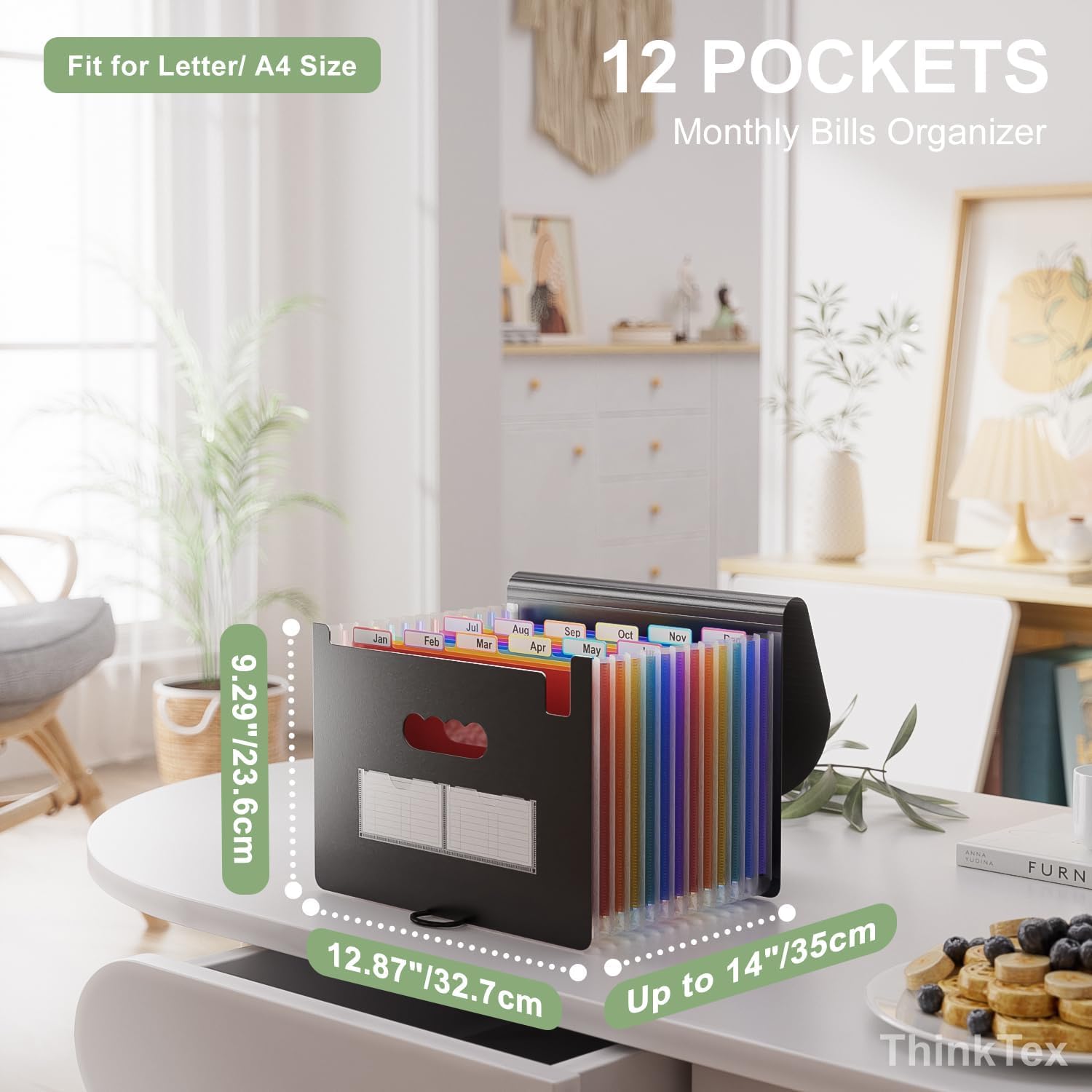 ThinkTex Accordion File Organizer 12 Pockets Expanding File Folder Portable Monthly Bill Receipt Organizer Letter A4 with Colorful Tabs