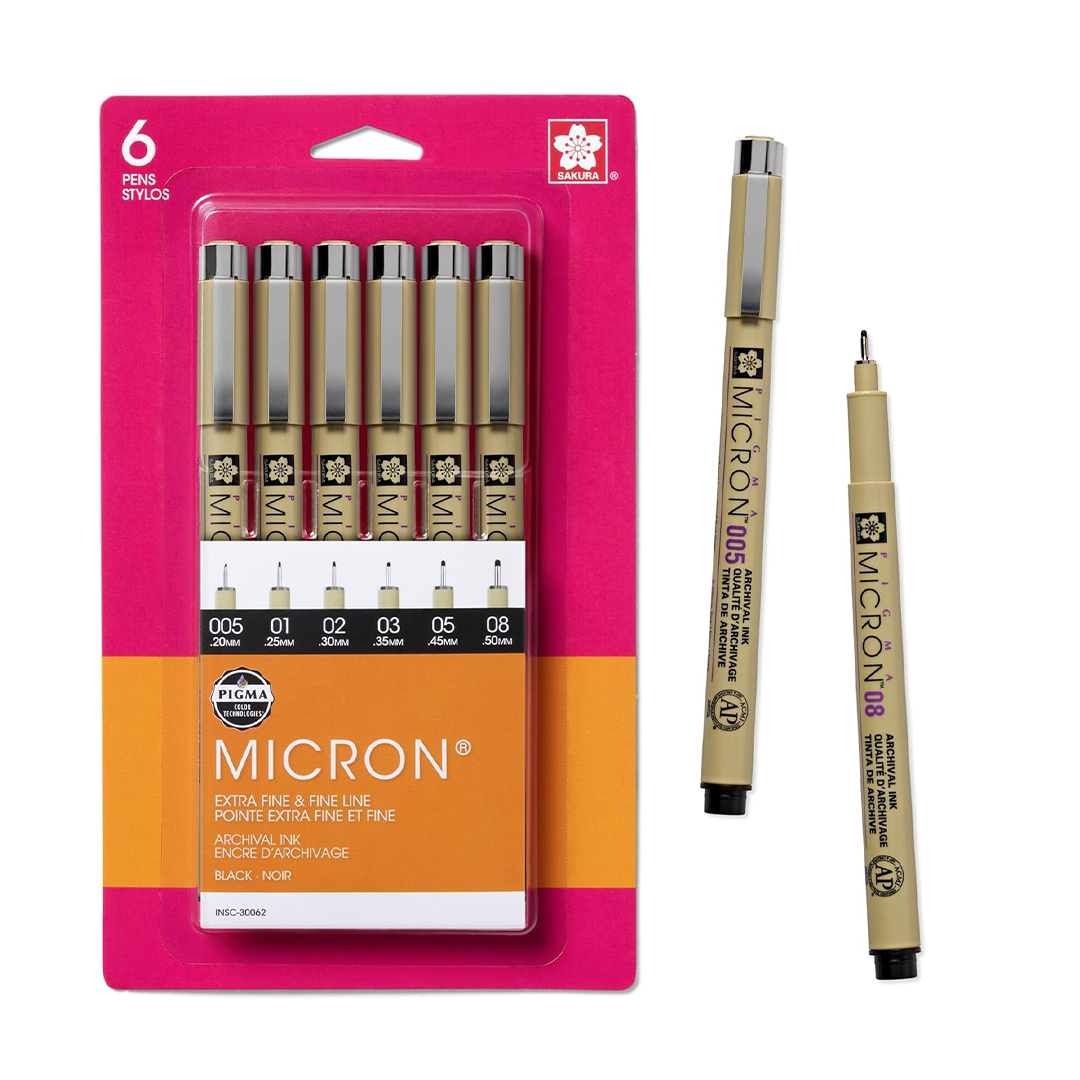 SAKURA Pigma Micron Fineliner Pens 6 Pack Archival Black Ink Drawing Pens | Assorted Tip Sizes for Writing, Sketching, Journaling & Illustration