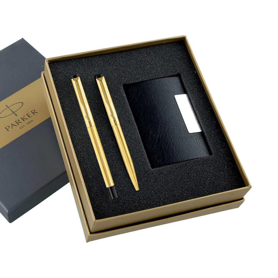 Parker Vector Gold Trim Roller Ball Pen and Ball Pen Luxury Gift Set, Blue Ink, 3 Count (Pack of 1) (9000019170)