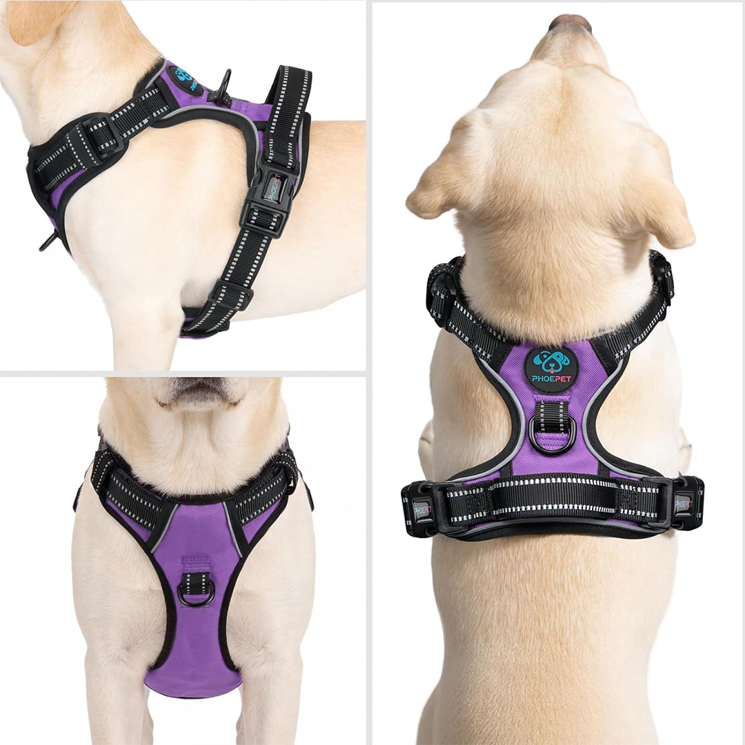 PHOEPET Reflective No Pull Dog Harness Large Purple Adjustable Pet Walking Harness Easy Control