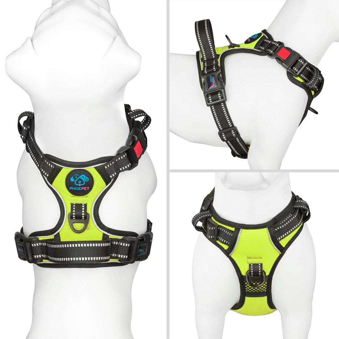 PHOEPET No Pull Dog Harness Medium Reflective Front Clip Vest with Handle,Adjustable 2 Metal Rings 3 Buckles ,[Easy to Put on & Take Off](M,