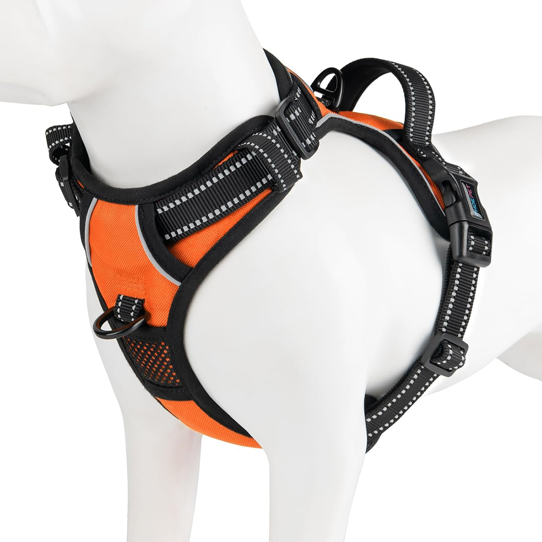 PHOEPET No Pull Dog Harness Medium Reflective Front Clip Puppy Vest with Handle,Adjustable 2 Metal Leash Attachment Hooks(M, Orange)