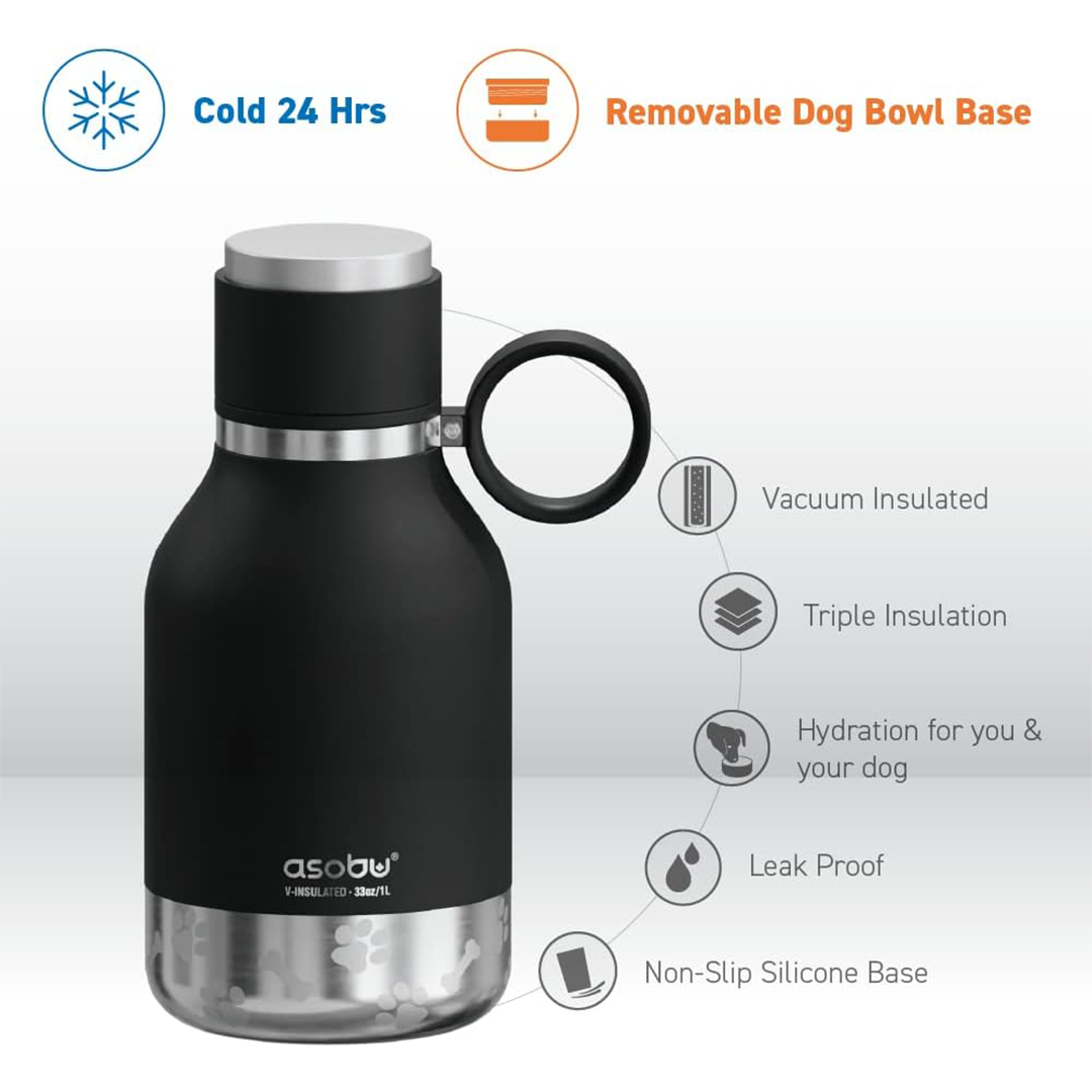Asobu 33oz Stainless Steel Insulated Bottle with Attached Dog Bowl - Black