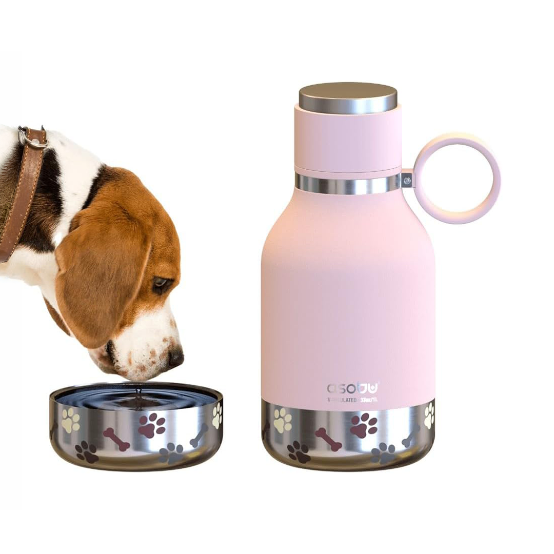 Asobu 1L Stainless Steel Insulated Bottle with Attached Dog Bowl - Pink