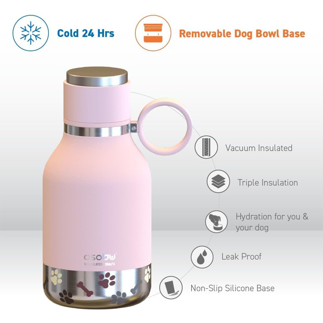Asobu 1L Stainless Steel Insulated Bottle with Attached Dog Bowl - Pink