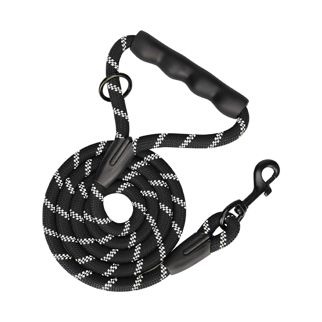 PHOEPET 5ft Reflective Dog Leash - Heavy Duty with Padded Rubber Handle - Black