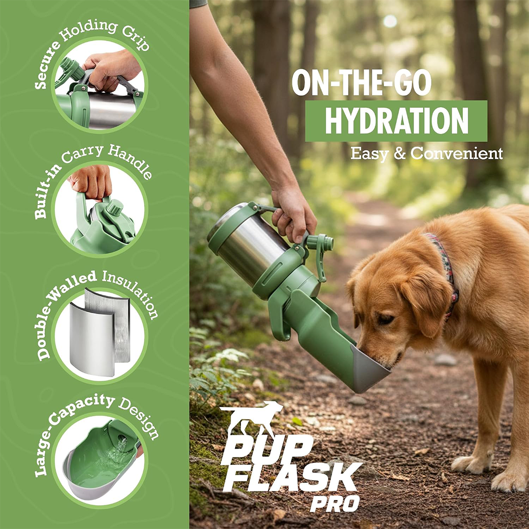 زجاجة مياه للكلاب PupFlask Pro مع وعاء قلاب من الاستانلس ستيل المعزول (30/50 أونصة)