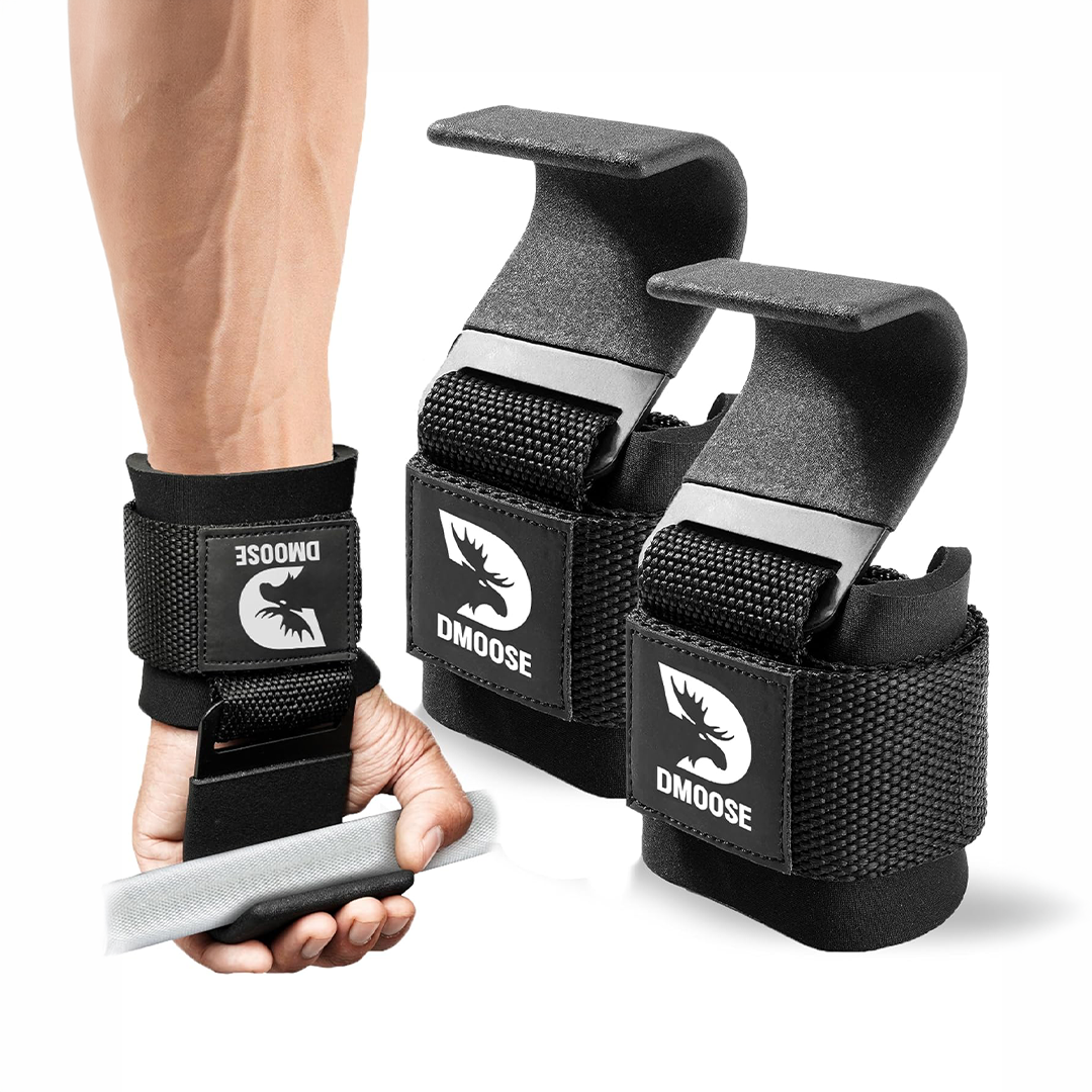 DMoose® Weight Lifting Hooks (Pair) Heavy Duty Wrist Straps with Thick Padding & Anti-Rip Nylon for Deadlifts, Pull Ups, Rows & Gym Workouts