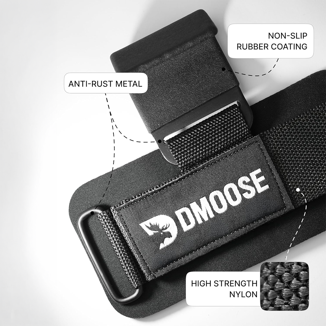 DMoose® Weight Lifting Hooks (Pair) Heavy Duty Wrist Straps with Thick Padding & Anti-Rip Nylon for Deadlifts, Pull Ups, Rows & Gym Workouts