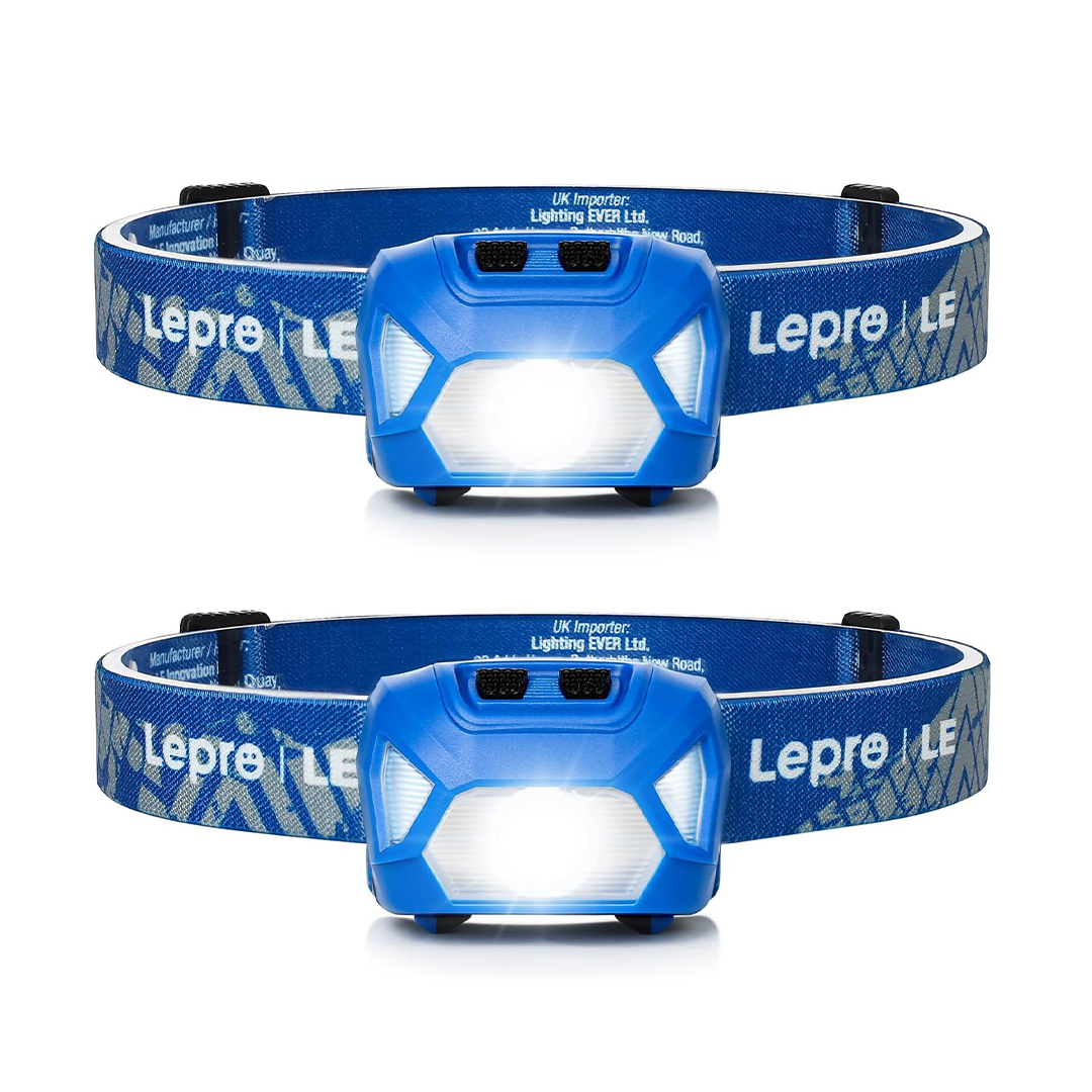 Lepro Head Torch (2 Pack) Super Bright LED Headlamp with 6 Lighting Modes, Waterproof, Battery Powered, Lightweight for Camping, Cycling & Running (Batteries Not Included)