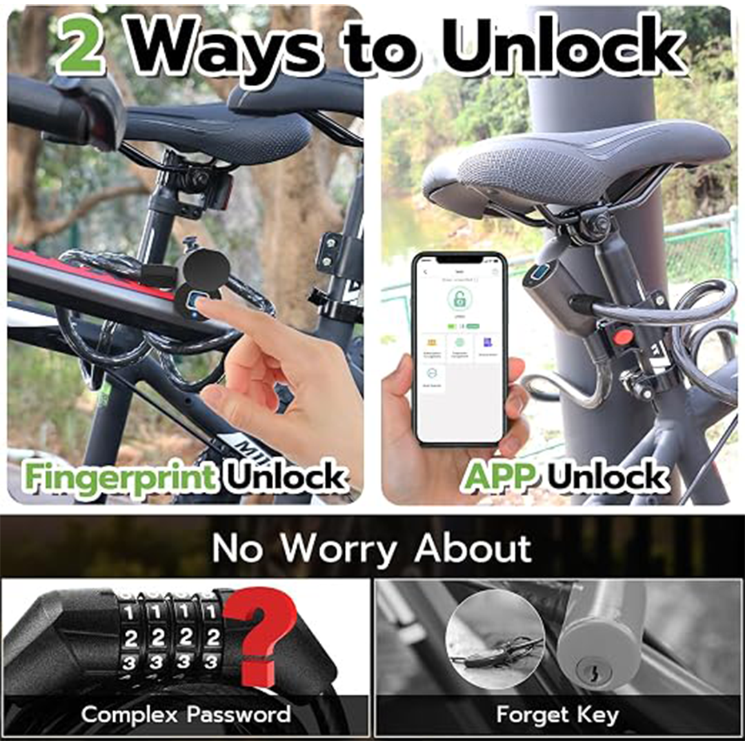 Eseesmart Fingerprint Bike Lock Cable Keyless Smart Anti-Theft Bicycle Lock, Waterproof 1.5M Stainless Steel Chain