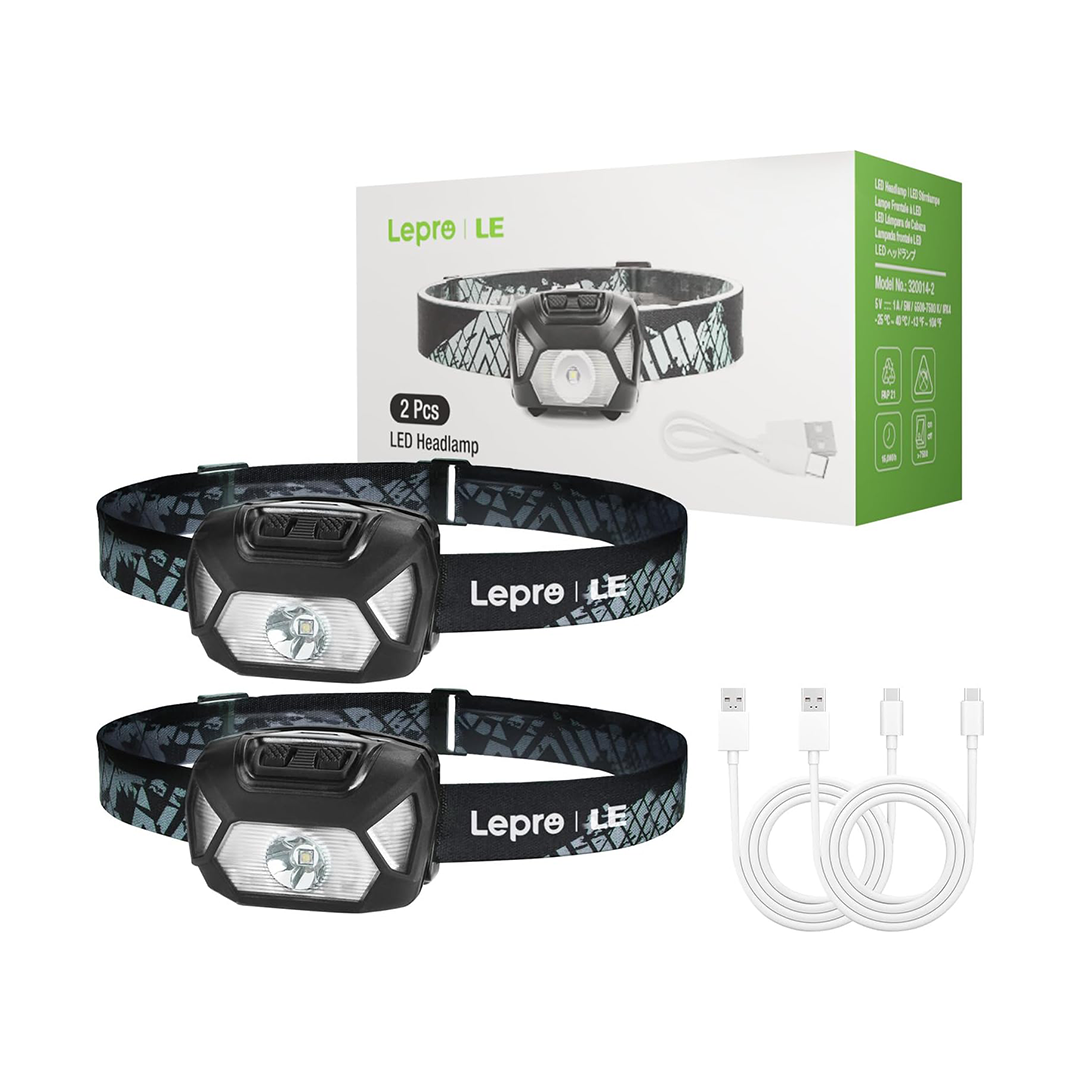 Lepro Rechargeable LED Headlamp Super Bright Hands-Free Head Light with 6 Modes | Waterproof Camping & Hiking Headlamp with Adjustable Headband & USB Charging