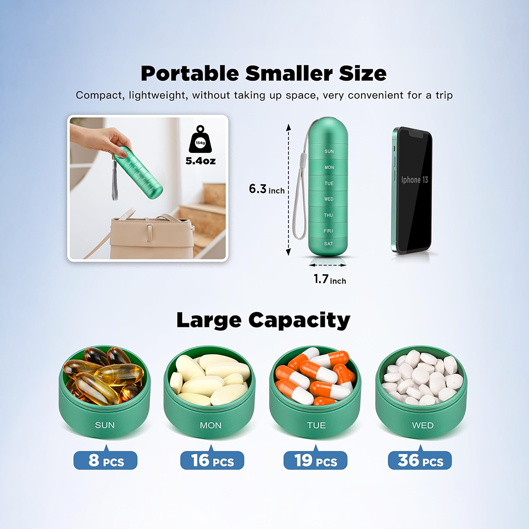 Zannaki Metal Weekly Pill Organizer Moisture Proof Stackable Aluminum Alloy Waterproof 7 Day Pill Box