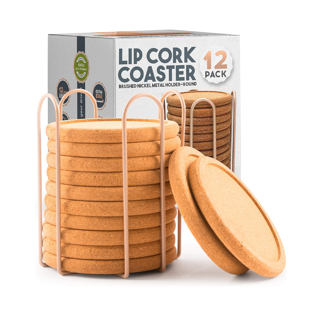 Decopom Cork Coaster Set with Brushed Nickel Trim and Holder