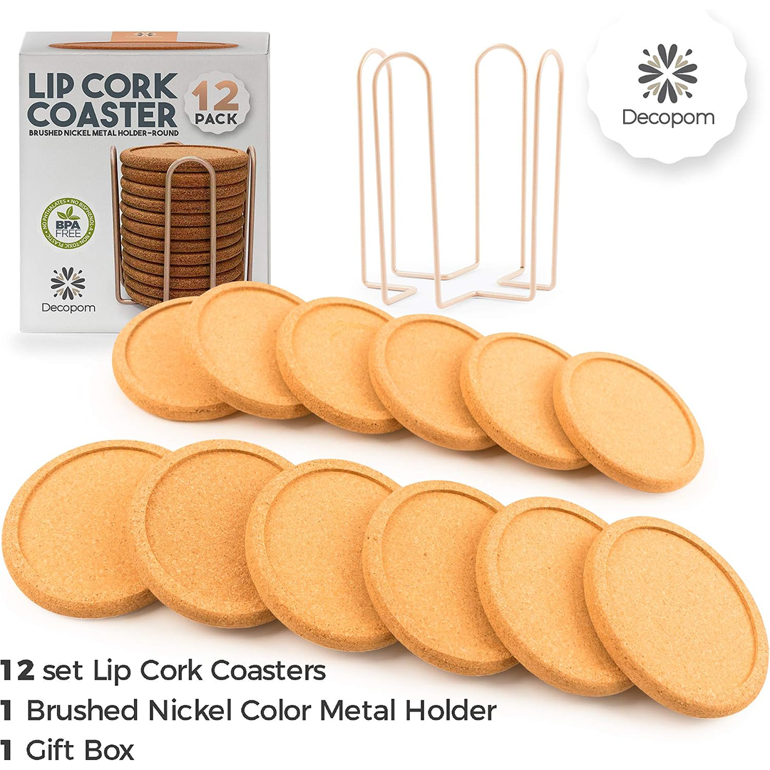 Decopom Cork Coaster Set with Brushed Nickel Trim and Holder