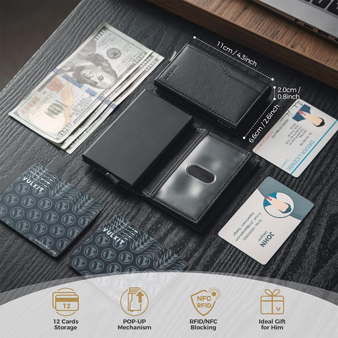VULKIT RFID Pop-Up Card Holder Wallet Minimalist Slim Design for 12 Cards