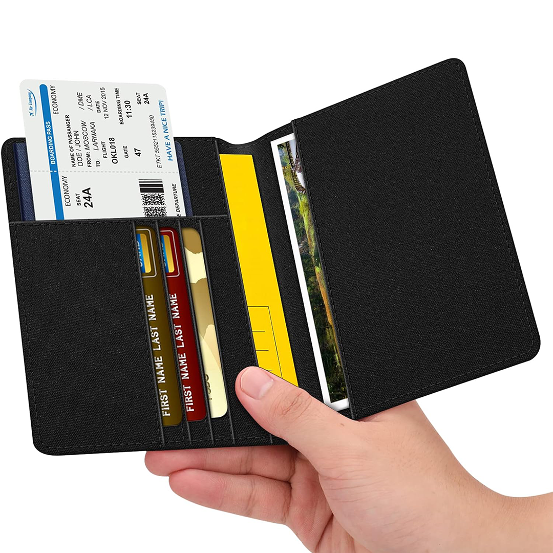 محفظة جواز سفر رفيعة من FINTIE للسفر مع حجب RFID، غطاء جواز سفر مدمج مع فتحات بطاقات (أسود دنيم)